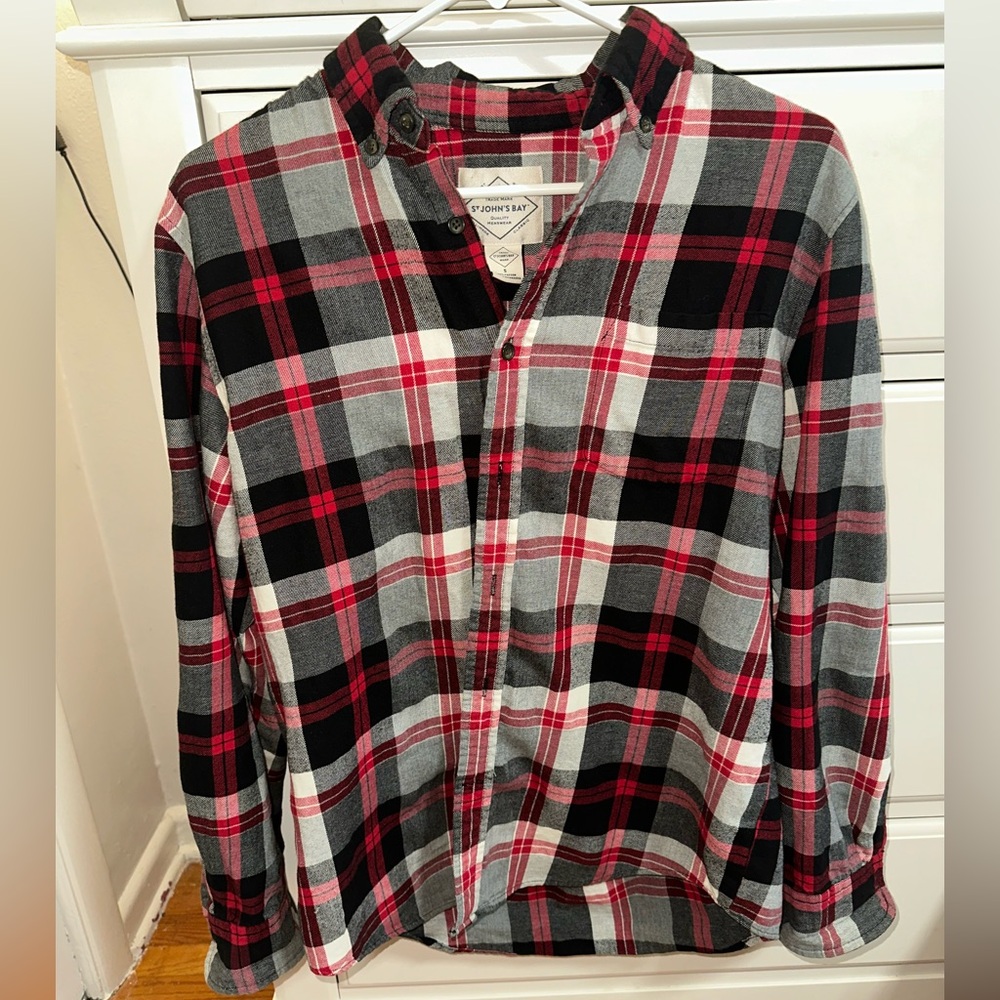 St. John's Bay Red Black Gray Plaid Button-Down Shirt
